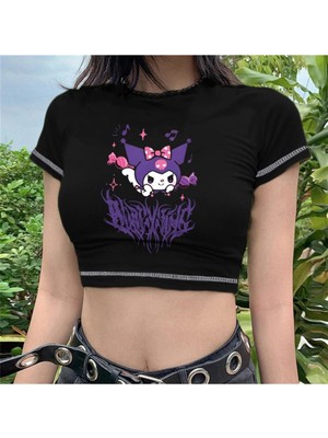 Touz Kuromi Baskılı Ters Dikiş Siyah Crop