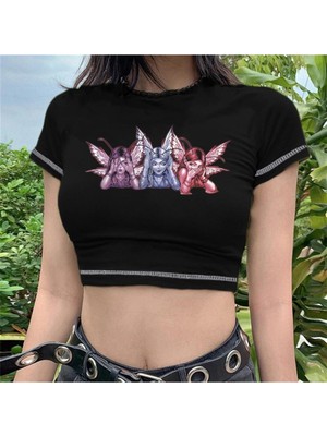Touz Baskılı Ters Dikiş Siyah Crop