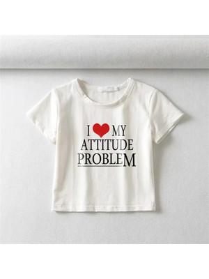 Touz I Love My Attitude Baskılı Beyaz Crop