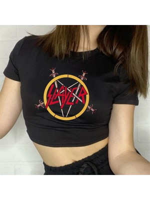 Touz Zolid Wear Rock Serisi Slayer Baskılı Siyah Crop