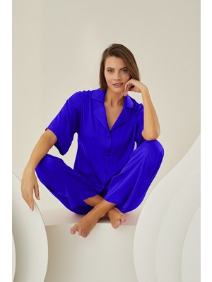 Nbb Saks Mavi Silky Önden Düğmeli Pijama Takımı