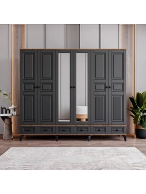 Monzio Terra 6 Kapaklı Çekmeceli Gardırop Tamamı Mdf (Antrasit)