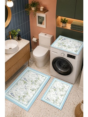 Homenette Modern 3 Parça Banyo Paspas Seti Kaymaz Tabanlı Makinede Yıkanabilir Banyo Halısı Takımı ve Çamaşır Makinesi Matı