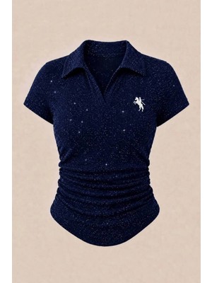 Touz Soul Polo Yaka Nakışlı Büzgülü Bluz
