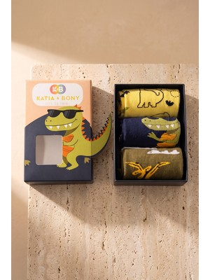 Bony Socks Çocuk 3D Dinozor Desenli Kutulu 3'lü Soket Çorap