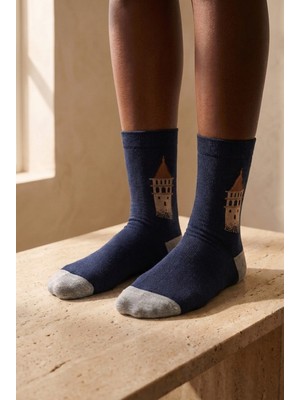Bony Socks Unisex Istanbul Desenli Lacivert Soket Çorap