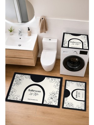 Homenette Modern 3 Parça Banyo Paspas Seti Kaymaz Tabanlı Makinede Yıkanabilir Banyo Halısı Takımı ve Çamaşır Makinesi Matı
