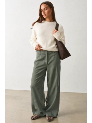 Madmext Haki Yüksek Bel Keten Wide Leg Pantolon MG2718