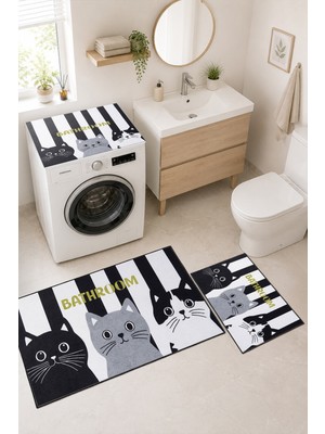 Homenette Modern 3 Parça Banyo Paspas Seti Kaymaz Tabanlı Makinede Yıkanabilir Banyo Halısı Takımı ve Çamaşır Makinesi Matı
