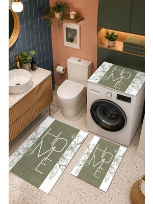 Homenette Modern 3 Parça Banyo Paspas Seti Kaymaz Tabanlı Makinede Yıkanabilir Banyo Halısı Takımı ve Çamaşır Makinesi Matı
