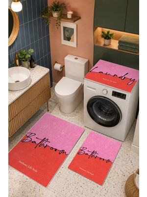 Homenette Modern 3 Parça Banyo Paspas Seti Kaymaz Tabanlı Makinede Yıkanabilir Banyo Halısı Takımı ve Çamaşır Makinesi Matı