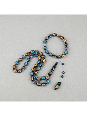 Lapisdo Kuka Gümüş Işlemeli Sistemli, Gümüş Nakkaş Imame Beyzi Kesim 11X13MM Tesbih ve Bileklik Seti