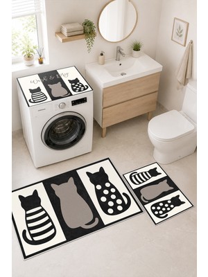Homenette Modern 3 Parça Banyo Paspas Seti Kaymaz Tabanlı Makinede Yıkanabilir Banyo Halısı Takımı ve Çamaşır Makinesi Matı