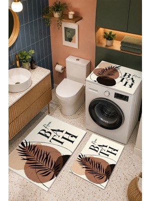 Homenette Modern 3 Parça Banyo Paspas Seti Kaymaz Tabanlı Makinede Yıkanabilir Banyo Halısı Takımı ve Çamaşır Makinesi Matı