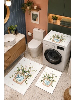 Homenette Modern 3 Parça Banyo Paspas Seti Kaymaz Tabanlı Makinede Yıkanabilir Banyo Halısı Takımı ve Çamaşır Makinesi Matı