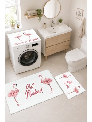 Homenette Modern 3 Parça Banyo Paspas Seti Kaymaz Tabanlı Makinede Yıkanabilir Banyo Halısı Takımı ve Çamaşır Makinesi Matı