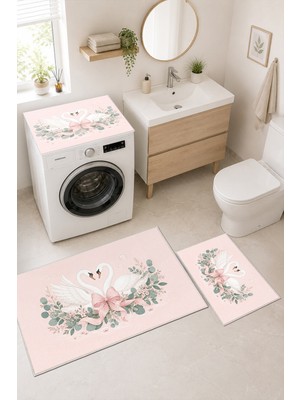 Homenette Modern 3 Parça Banyo Paspas Seti Kaymaz Tabanlı Makinede Yıkanabilir Banyo Halısı Takımı ve Çamaşır Makinesi Matı