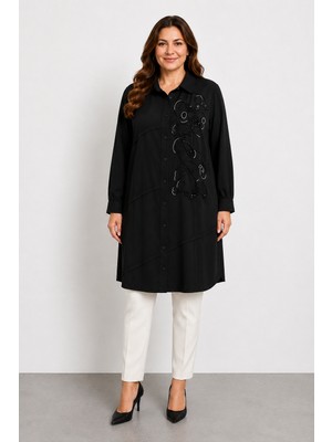 Bihan Store Kadın Işleme Detaylı Rahat Kesim Tunik Y26-233 - Siyah