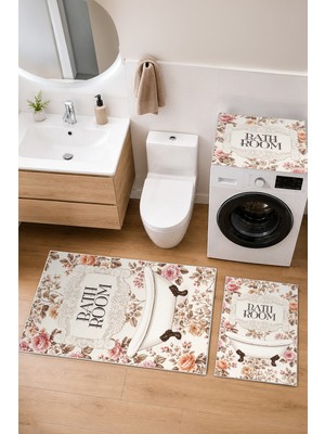 Homenette Modern 3 Parça Banyo Paspas Seti Kaymaz Tabanlı Makinede Yıkanabilir Banyo Halısı Takımı ve Çamaşır Makinesi Matı