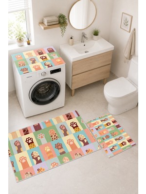 Homenette Modern 3 Parça Banyo Paspas Seti Kaymaz Tabanlı Makinede Yıkanabilir Banyo Halısı Takımı ve Çamaşır Makinesi Matı