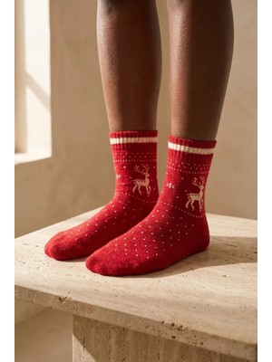 Bony Socks Kadın Yılbaşı Temalı Soket Çorap Kırmızı