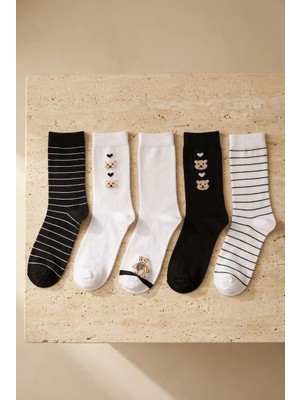 Bony Socks 5'li Teddy Baskılı Çizgili Soket Çorap