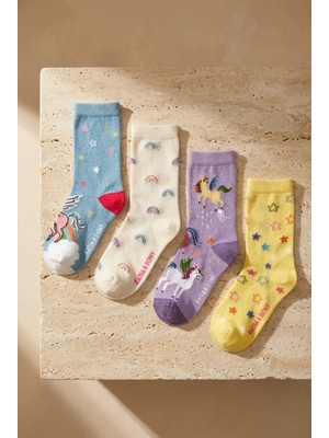 Bony Socks Kız Çocuk Unicorn Desenli 4'lü Paket Soket Çorap
