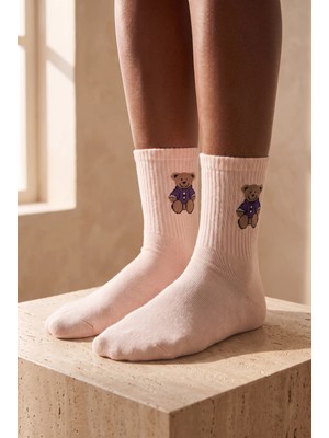 Bony Socks Kadın Teddy Desenli Soket Çorap Pembe
