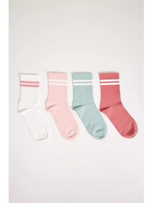 Bony Socks 4 Lü Paket Şeritli Kadın Spor Soket Çorap Pembe Desenli