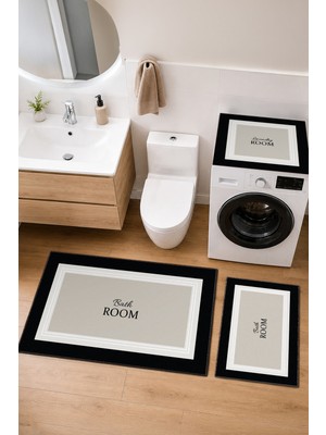Homenette Modern 3 Parça Banyo Paspas Seti Kaymaz Tabanlı Makinede Yıkanabilir Banyo Halısı Takımı ve Çamaşır Makinesi Matı