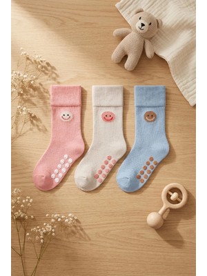 Bony Socks Bebek 3'lü Gülen Yüz Desenli Havlu Soket Çorap