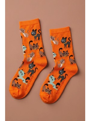 Bony Socks Kedi Desenli Turuncu Çocuk Soket Çorap