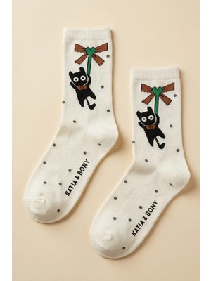 Bony Socks Kedi Desenli Kahverengi Çocuk Soket Çorap