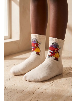 Bony Socks Dinazor Desenli Ekru Çocuk Soket Çorap