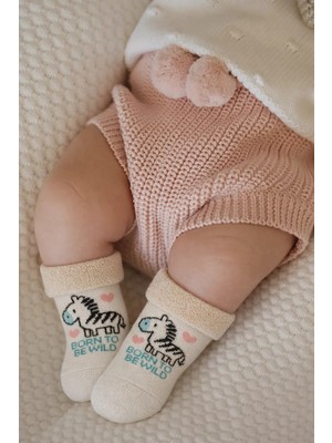 Bony Socks Bebek Zebra Desenli Havlu Soket Çorap Ekru Mix