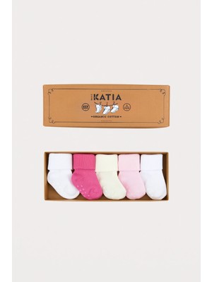 Bony Socks Organik Bebek Soket Çorap 5'li Pembe-Beyaz Renkli Yenidoğan Kız Bebekler İçin