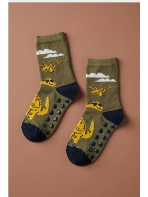 Bony Socks Dinozor Desenli Koyu Yeşil Çocuk Soket Çorap