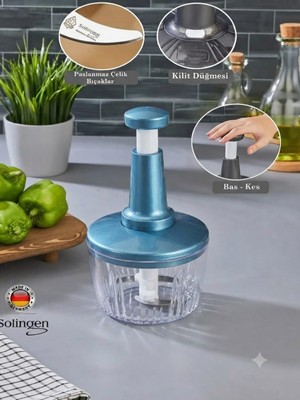 Segy Home Solingen Bıçaklı Pratik Bas Kes El Rondosu - Paslanmaz Çelik Manuel Sebze Meyve Doğrayıcı Rondo (Kilit Mekanizmalı) 1500 ml