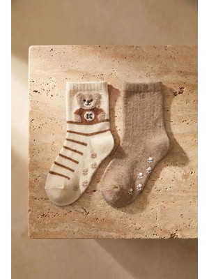 Bony Socks Bebek 2 Li Paket Teddy Baskılı Soket Çorap Ekru-Açık Kahverengi