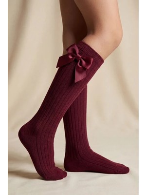 Bony Socks Kız Çocuk Kurdele Fiyonklu Fitilli Bordo Dizaltı Okul Çorabı