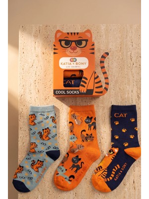 Bony Socks Çocuk 3D Kedi Desenli Kutulu 3'lü Soket Çorap