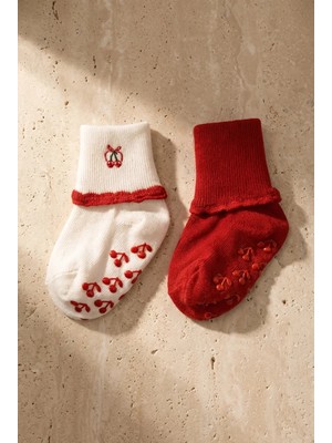 Bony Socks Kız Bebek Kiraz Nakışlı 2'li Step Çorap