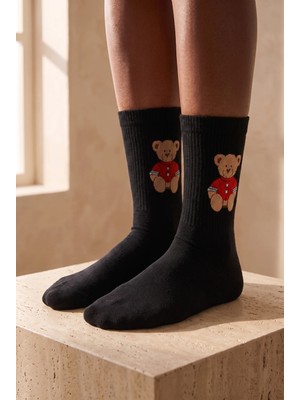 Bony Socks Kadın Teddy Desenli Soket Çorap Siyah