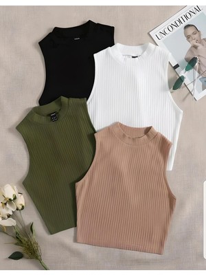 Öz Pamuk Kadın 4 Lü Adet Fitilli Pamuklu Örme Kaşkorse Crop Bluz Atlet