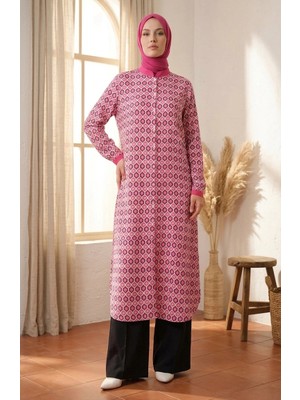 Sefa Merve Geometrik Desenli Boydan Düğmeli Tesettür Ikili Takım 2289-03 Pembe