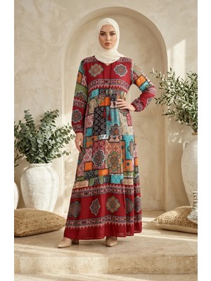 Sefa Merve Viskon Kumaş Desenli Tesettür Elbise 5592-03 Bordo