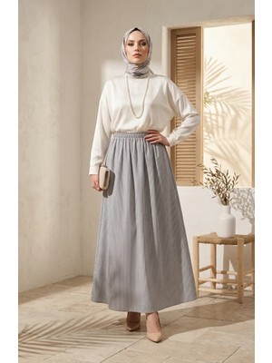 Sefa Merve Viskon Kumaş Beli Lastikli Çizgili Etek 0348-03 Siyah