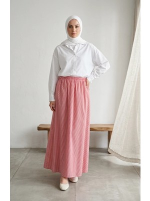 Sefa Merve Viskon Kumaş Beli Lastikli Çizgili Etek 0348-06 Kırmızı