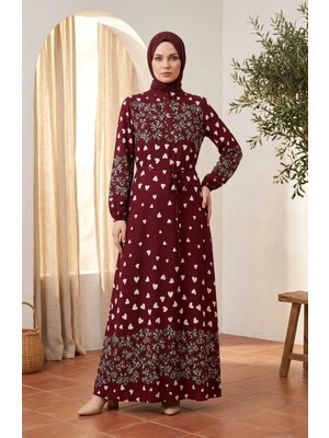 Sefa Merve Viskon Kumaş Kalp Desenli Tesettür Elbise 0337-02 Bordo