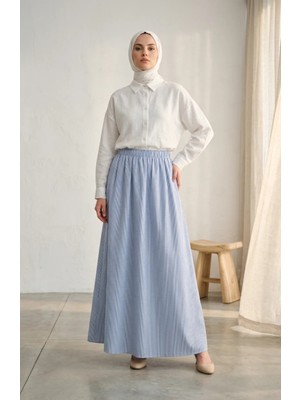 Sefa Merve Viskon Kumaş Beli Lastikli Çizgili Etek 0348-09 Saks